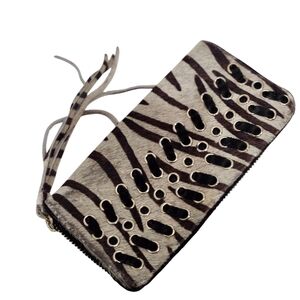 Free People Wallet Bags Zebra Print Leather Zip Close Tassel Boho Western Purse